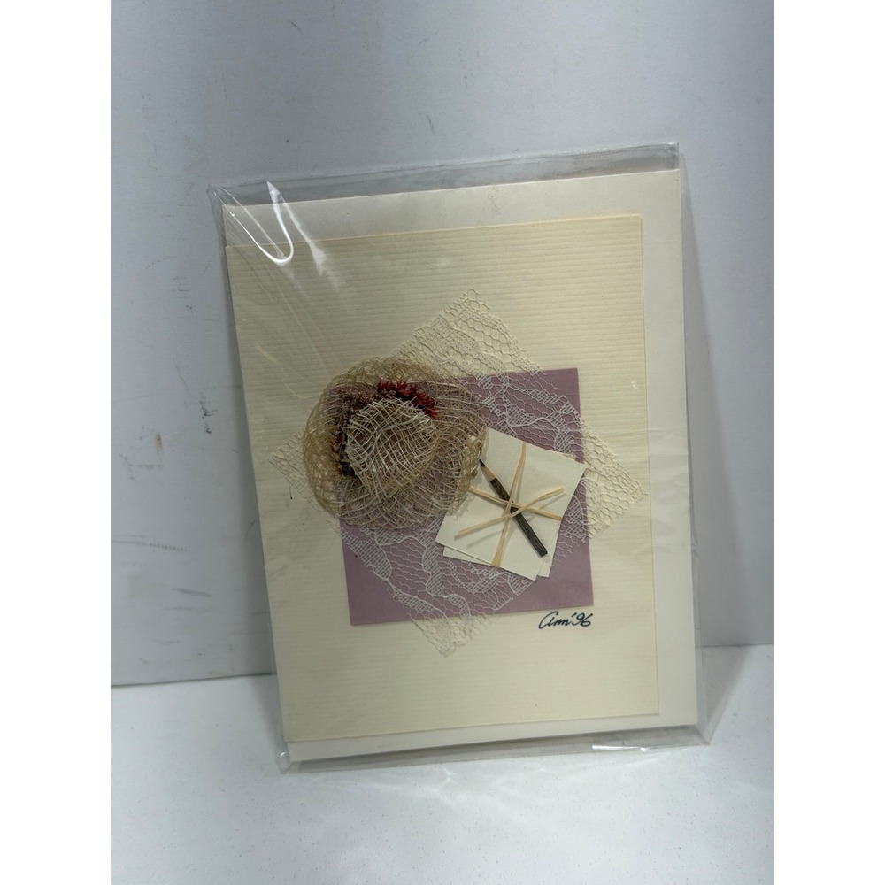 Vintage 1996 Handcrafted 3D Mixed Media Greeting Card Mini Straw Hat Lace Signed